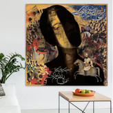 Painting of a face of an observer in the middle of a battlefield with the poem "Ajam" I brought it to life in Persian from Chargoosh Gallery, model 22303