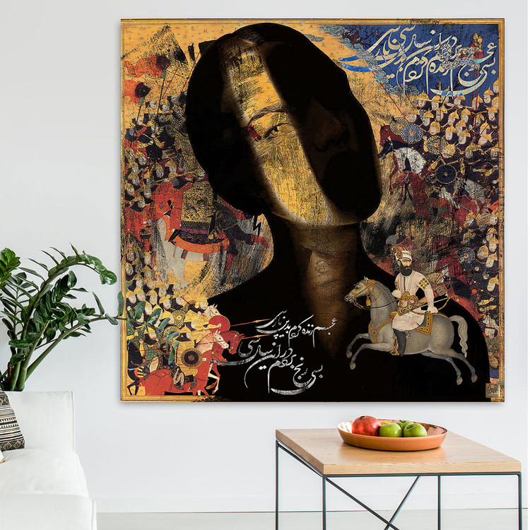Painting of a face of an observer in the middle of a battlefield with the poem "Ajam" I brought it to life in Persian from Chargoosh Gallery, model 22303