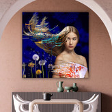 تابلوی نقاشی دختری با موهای رها در میان قاصدکها با شعری از مولانا مدل 22317