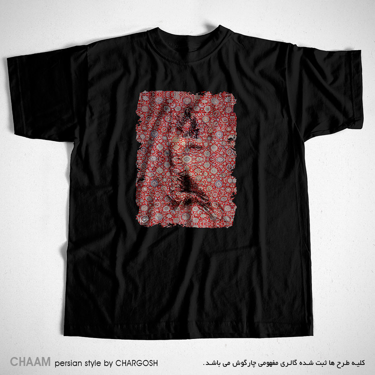 تیشرت هنری مشکی یقه گرد طرح در فرش فشانده برند چام 2859