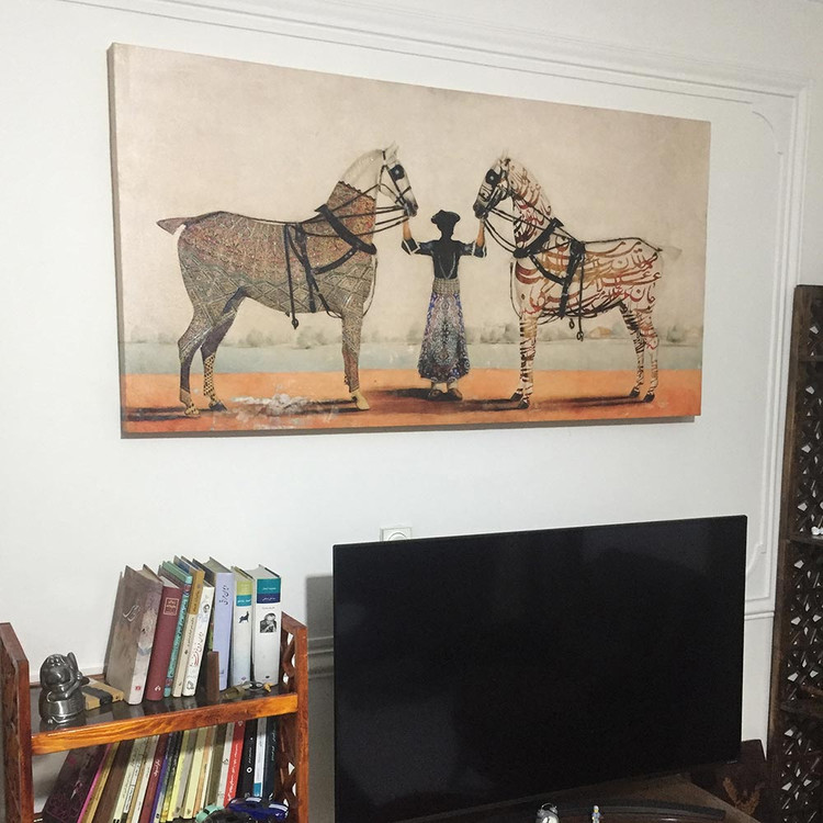 Modern painting of two Iranian horses in love in the hands of Mehtar Rouhani with Rumi's poem from Chargoosh, model 5557