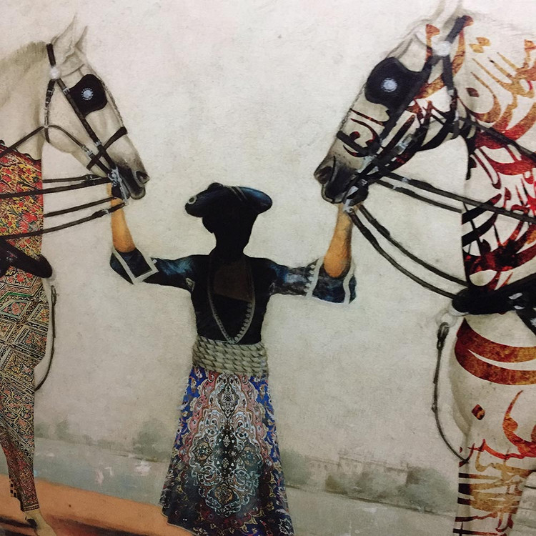 تابلو دو اسب عاشق ایرانی در دستان مهتر روحانی با شعر مولانا از چارگوش مدل 5557