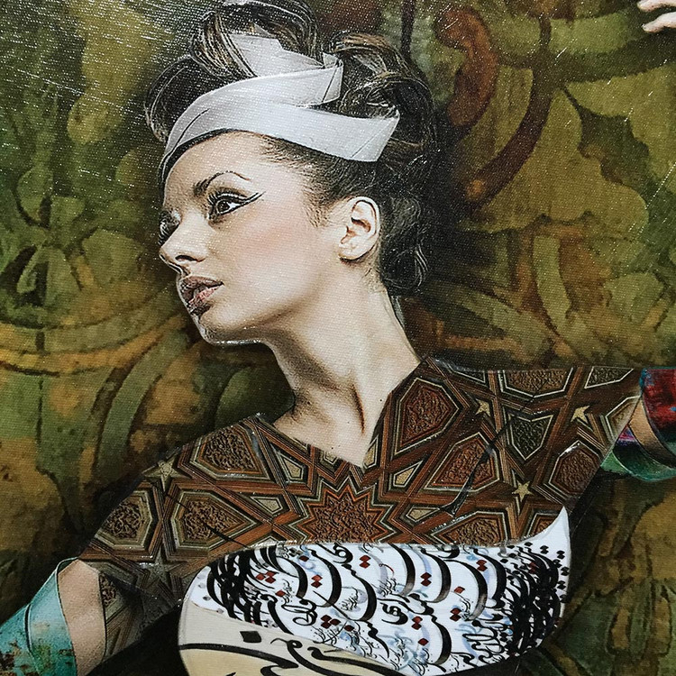 Painting of a lady surrounded by fabrics and a poem by Rumi on her body from Chargoosh Gallery, model 5589