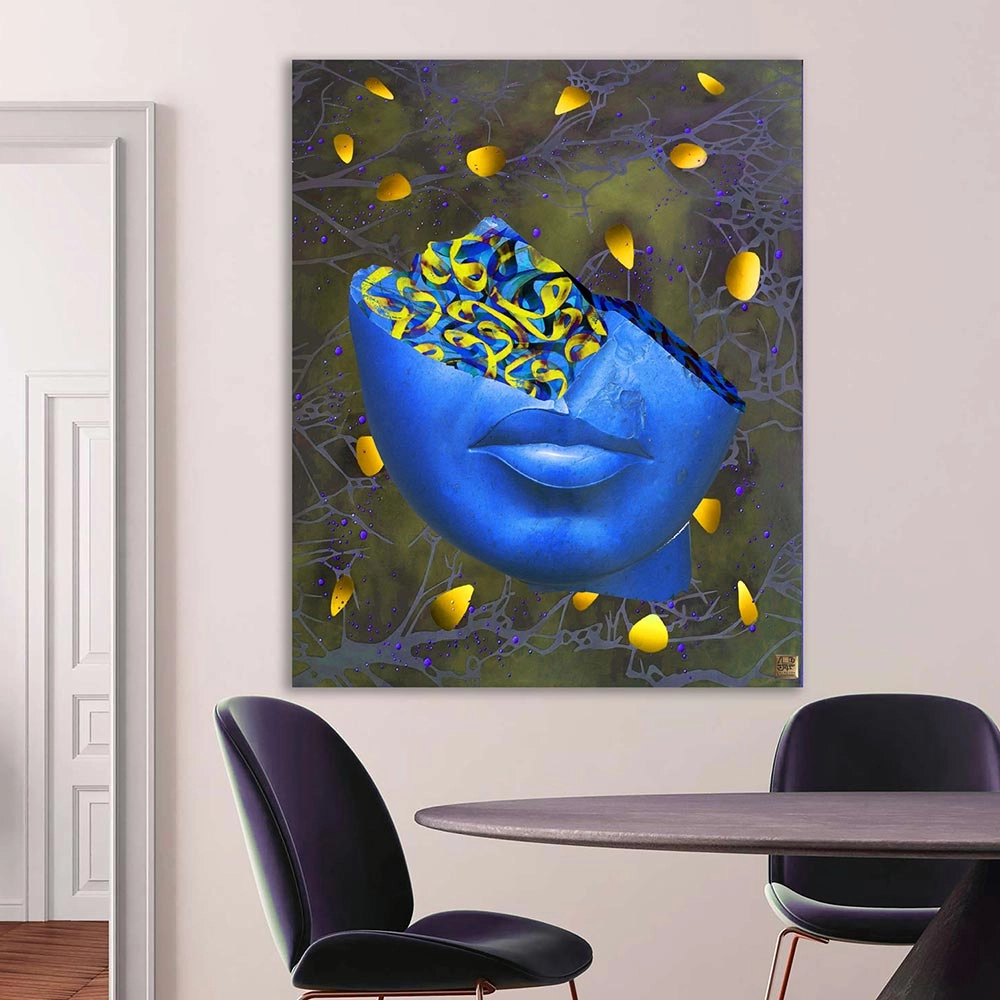 تابلو مدرن چهره شکسته با شعر مولانا: وه چه بیرنگ و بینشان که منم