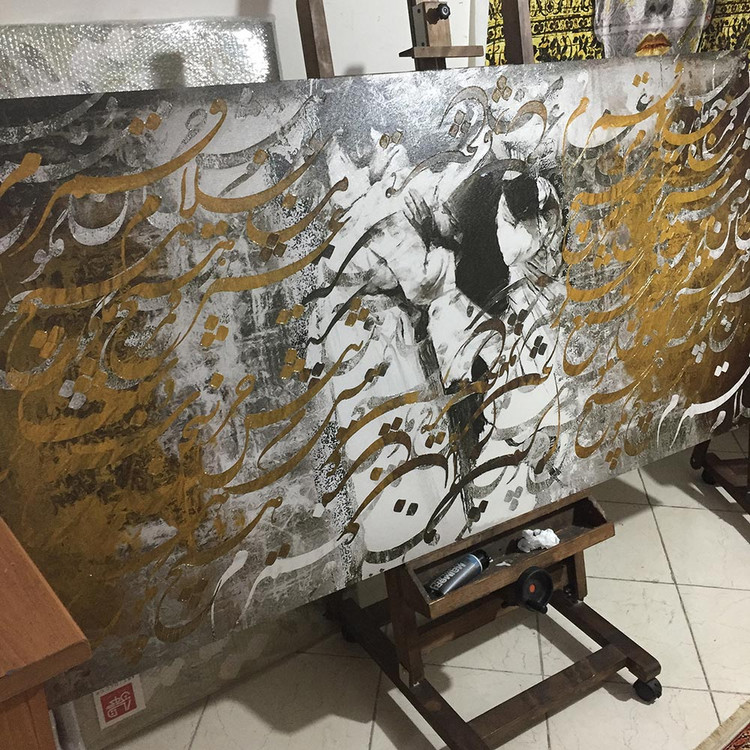 تابلو سماع زن ها در میان میدان با نقاشیخط شعر من غلام قمرم غیر قمر هیچ مگو