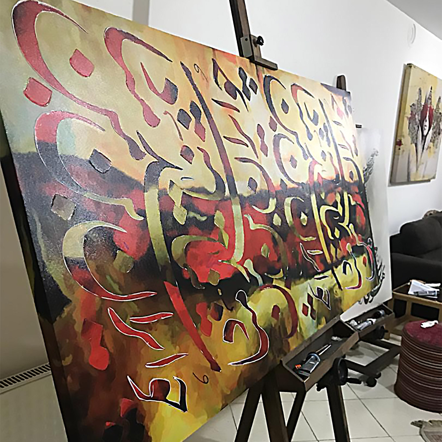 Calligraphy painting "If there is no Iran, my body will not scream for identity" on a contemporary art canvas from Chargoosh Gallery, model 6445.1