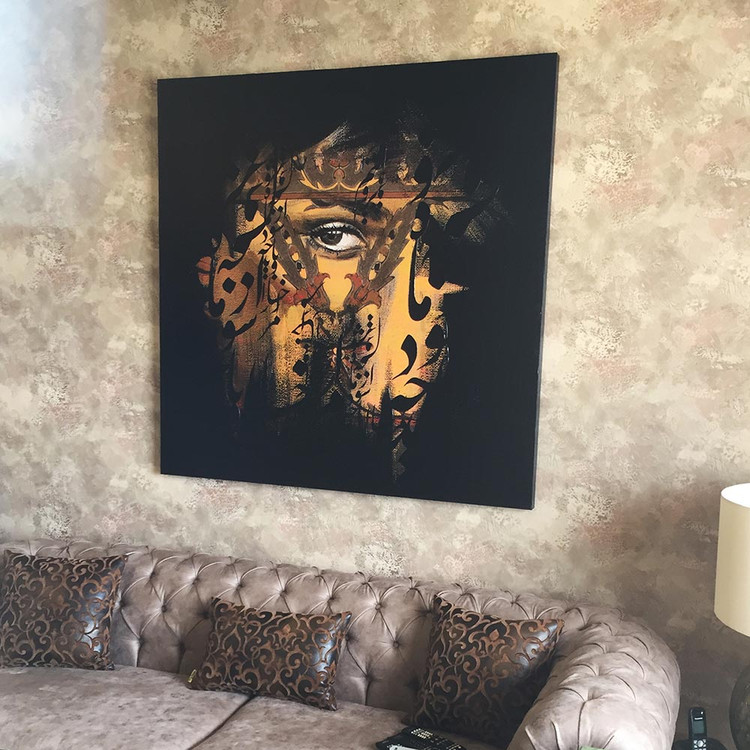 Rumi's calligraphy painting, "My face, what should I gain from the moon and Parvin?" by Chargoosh Gallery, model 2781.1