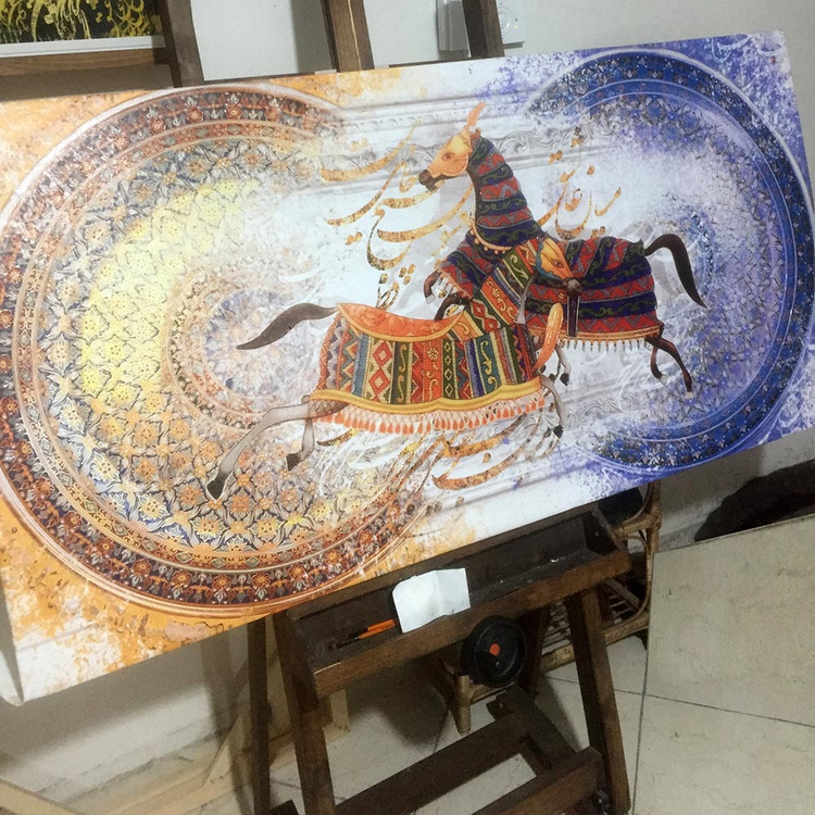 Painting of two horses in love in an embrace with Hafez's poem from Chargosh Gallery, model 5560