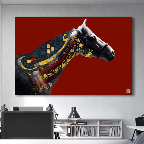 تابلو اسب ایرانی با شعر حافظ ای دل مباش یکدم خالی ز عشق و مستی قرمز