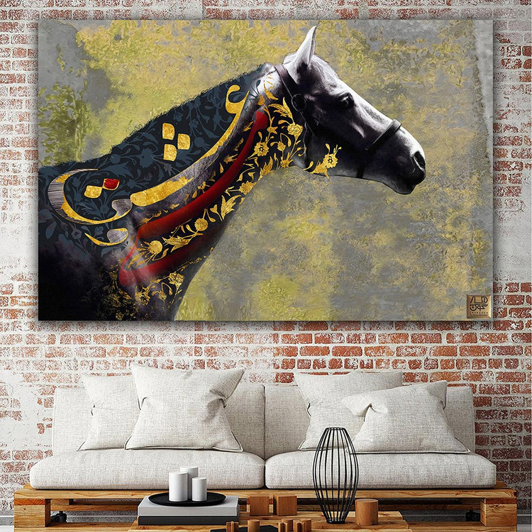 Persian horse painting with Hafez's poem "O heart, do not be empty of love and intoxication" by Chargoosh Gallery, model 2953