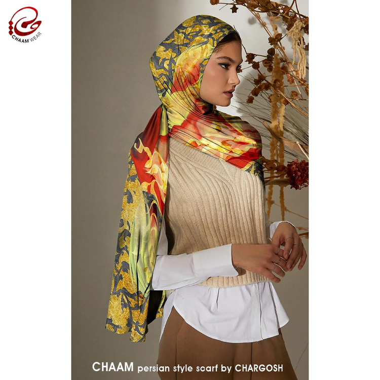 شال مدرن و هنری ایرانی چام با شعر دگر نه عشق خورشید و نه مهر ماه دارم از گالری چارگوش 1143