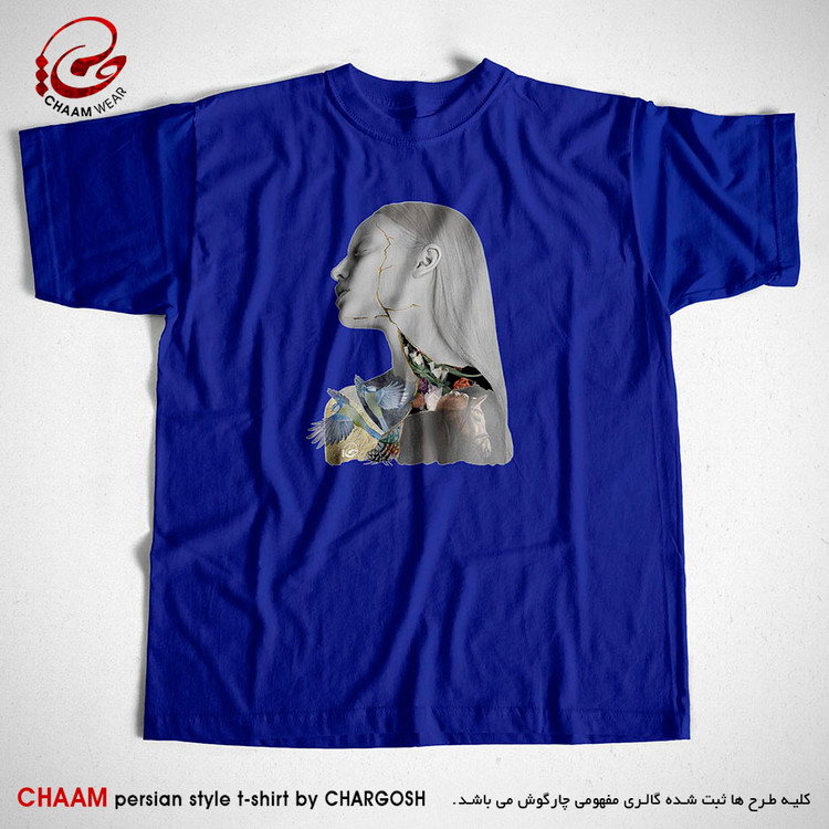 تیشرت آبی نفتی هنری با شعر ساقی بیا که عشق ندا میکند برند چام از گالری چارگوش 2952