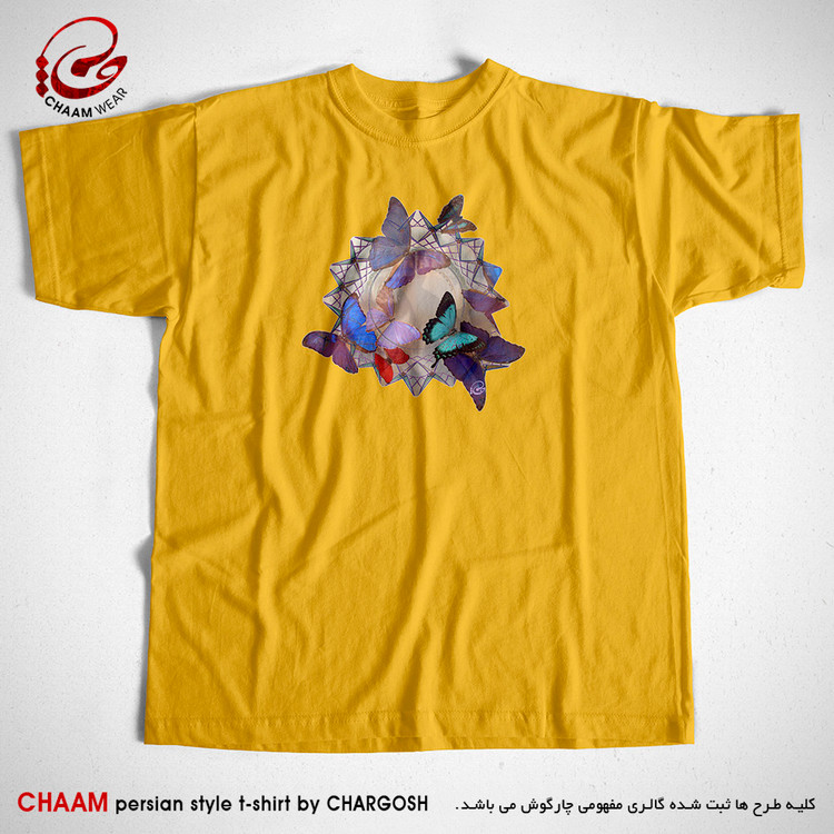 تیشرت زرد خردلی یقه گرد با طرح پروانه ها برند چام از گالری چارگوش 2949