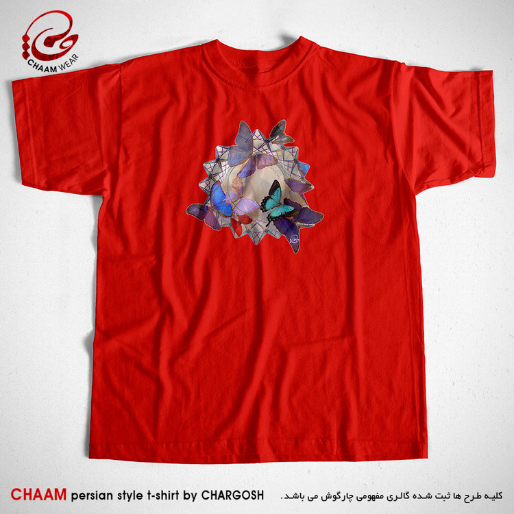 تیشرت قرمز یقه گرد با طرح پروانه ها برند چام از گالری چارگوش 2949