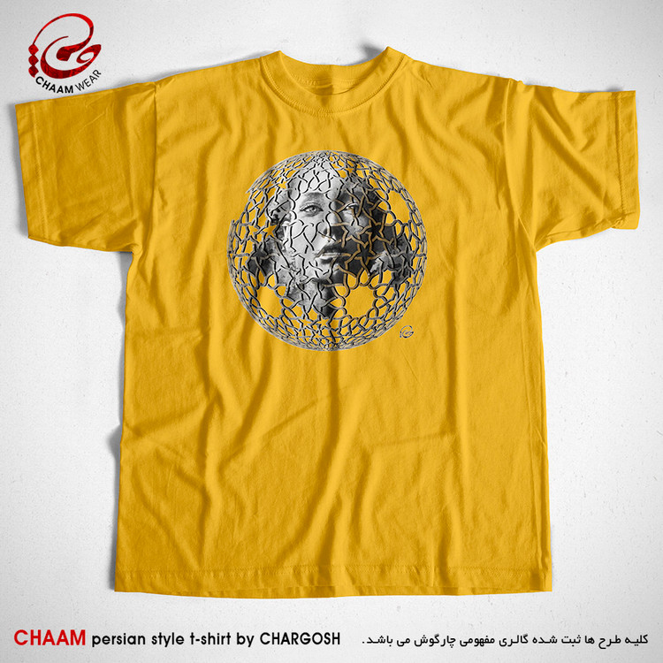 تیشرت زرد خردلی طرح هنری و اختصاصی چهره درون دایره برند چام از گالری چارگوش 2582