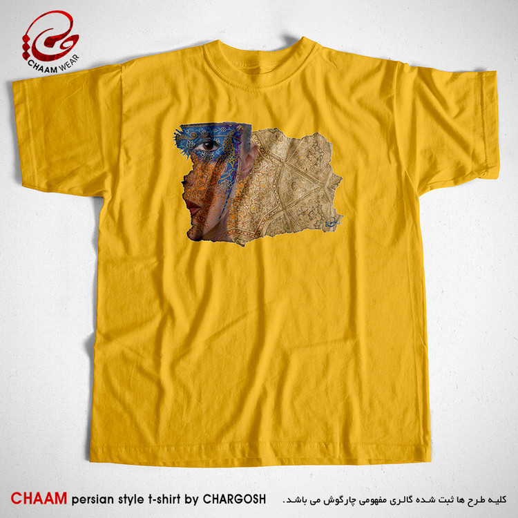 تیشرت زرد خردلی هنری و اختصاصی طرح نیمرخ تلفیقی برند چام از گالری چارگوش 2585