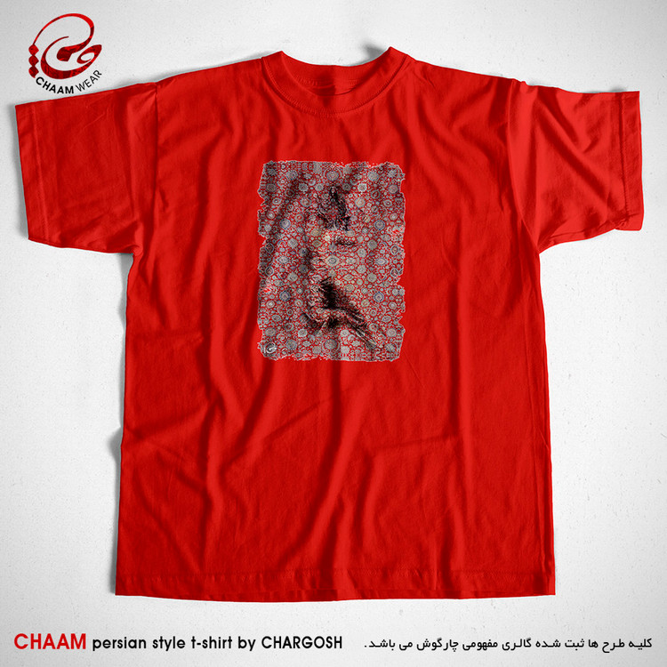 تیشرت هنری قرمز یقه گرد طرح در فرش فشانده برند چام 2859