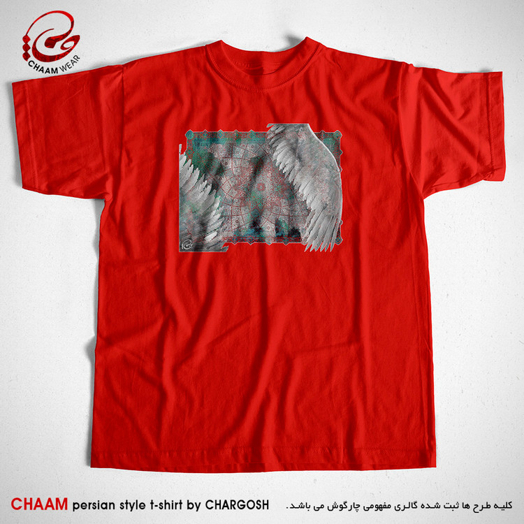 تیشرت هنری قرمز با طرح مولانا فرش و بال برند چام از گالری چارگوش 2226