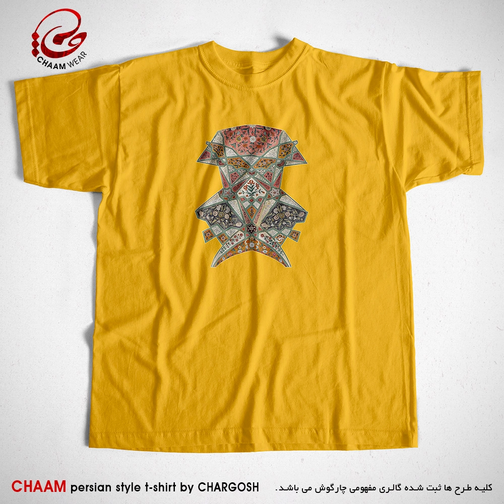 تیشرت زرد خردلی هنری ایرانی با طرح مقرنسی از آسمان برند چام 1106