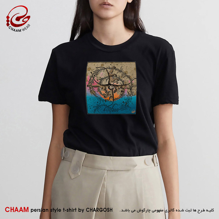 تیشرت زنانه هنری ایرانی با طرح شیری از جمع شیران ژیان برند چام 1108