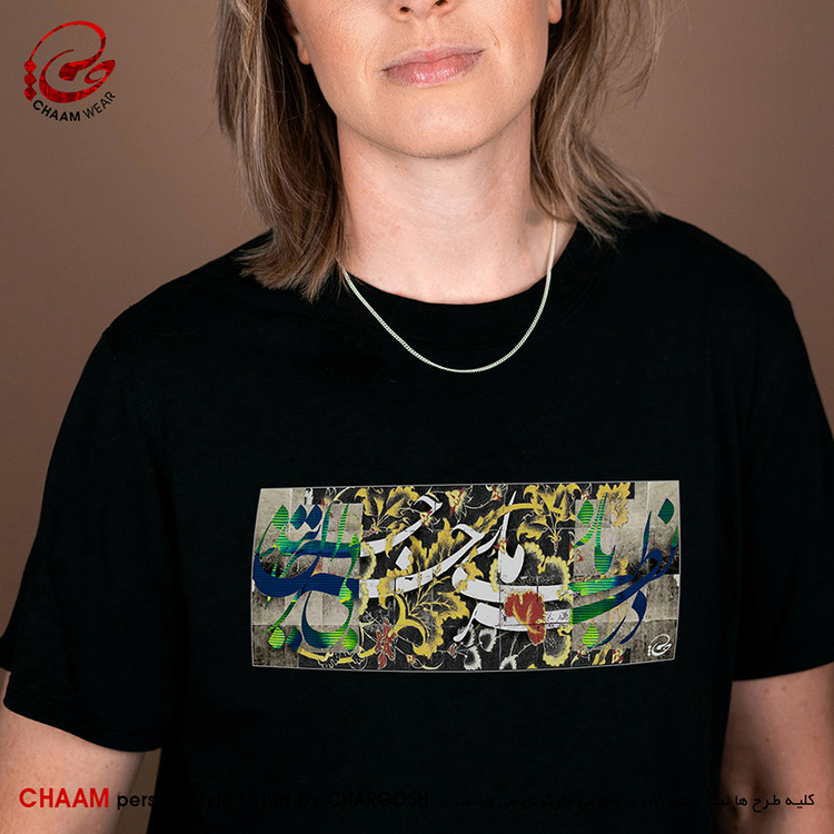 تیشرت زنانه مدرن هنری ایرانی با طرح در نظربازیِ ما بیخبران حیرانند برند چام 2306