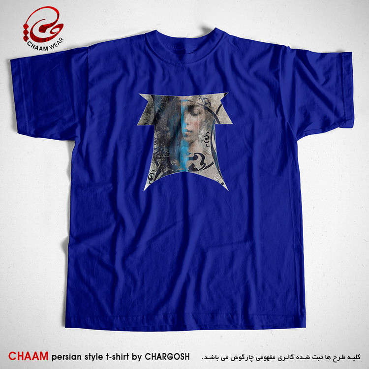 تیشرت آبی هنری ایرانی با طرح چهره ای در مقرنس برند چام 2880