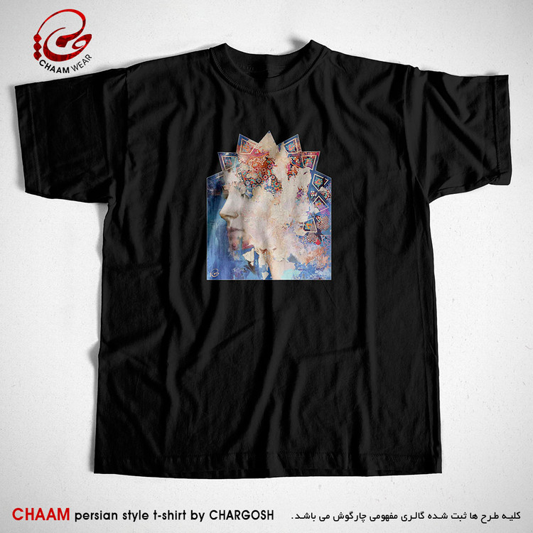 تیشرت مشکی خاص مدرن هنری با طرح چهره بانو ای در مقرنس برند چام 5569
