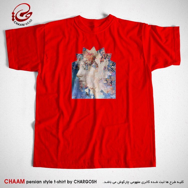 تیشرت قرمز خاص مدرن هنری با طرح چهره بانو ای در مقرنس برند چام 5569