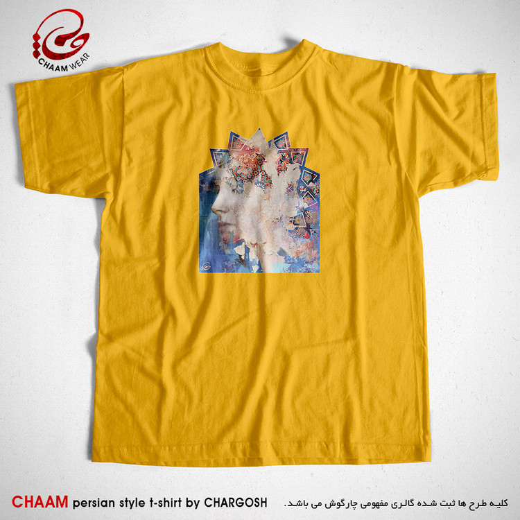 تیشرت زرد خاص مدرن هنری با طرح چهره بانو ای در مقرنس برند چام 5569