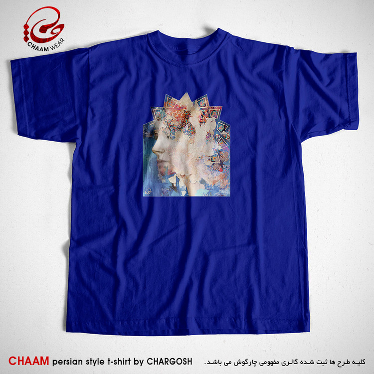 تیشرت آبی خاص مدرن هنری با طرح چهره بانو ای در مقرنس برند چام 5569