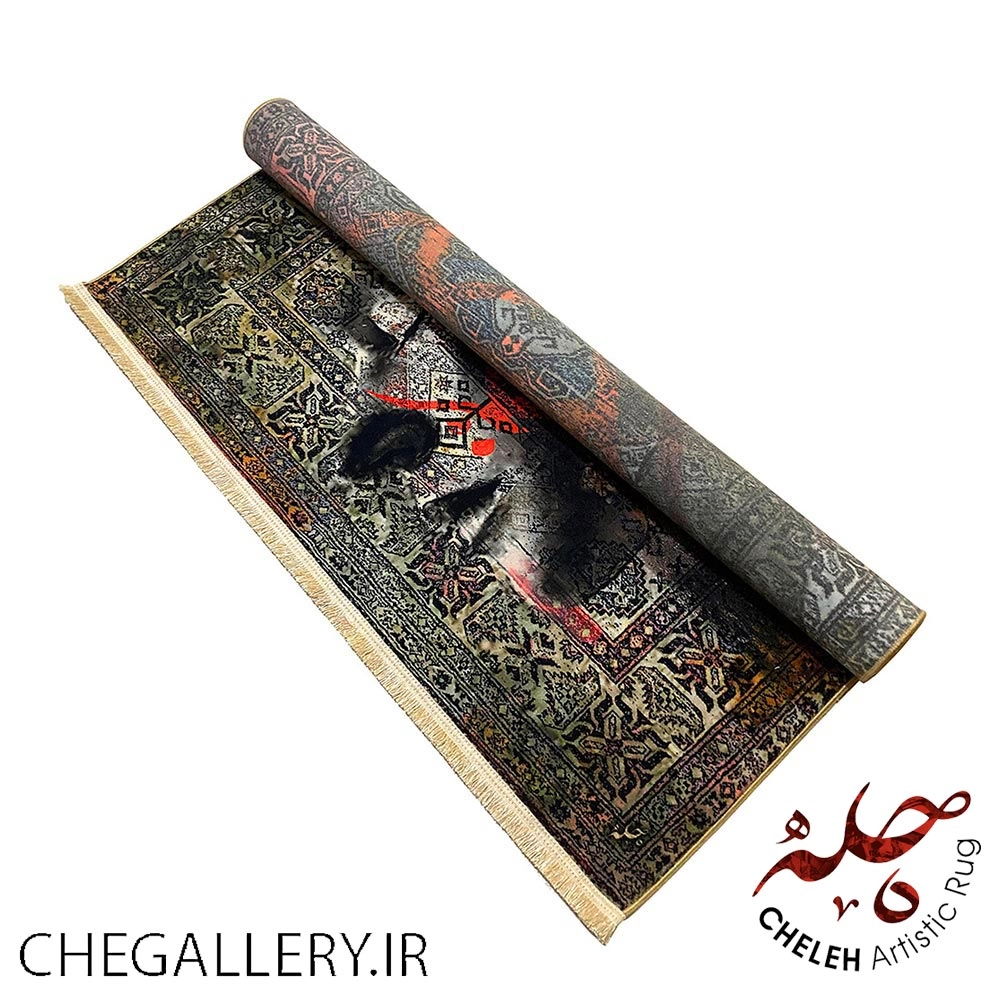 Contemporary art carpet of two faces with closed eyes and Rumi's poem, a story of the passion and uniqueness of the Cheleh brand