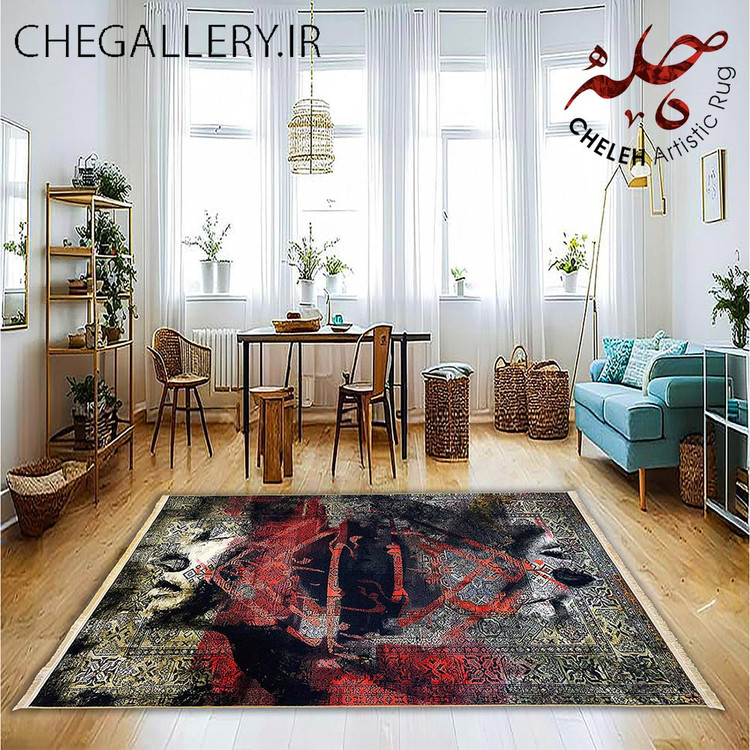 فرش هنری معاصر دو چهره با چشمان بسته و شعر مولانا روایتی از اشتیاق و یگانگی برند چله از گالری چارگوش 133