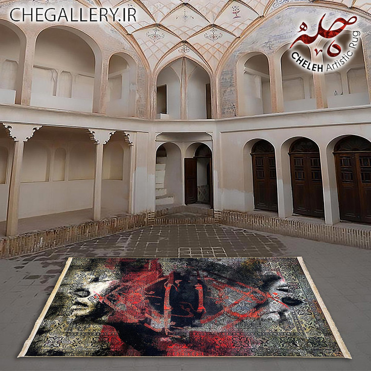 فرش هنری معاصر دو چهره با چشمان بسته و شعر مولانا روایتی از اشتیاق و یگانگی برند چله از گالری چارگوش 133 قدیمی