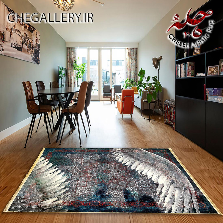 قالی آنتیک چله با طرح بالهای گستریده بر فرش و الهام از شعر مولانا: صعود از فرش به عرش گالری چارگوش 188 center