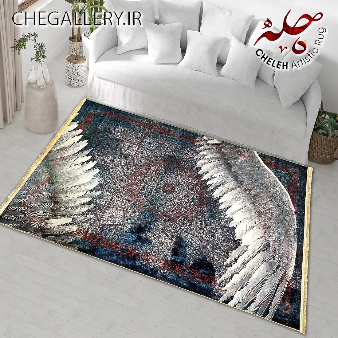 Antique Chele carpet with a design of spread wings on the carpet and inspired by Rumi's poem: Ascension from the carpet to the throne of Chargush Gallery 188 decor