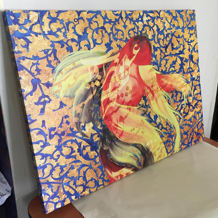 Canvas painting of a fish design with a poem by Saadi Pakzad, Modern Iranian, Chargoosh Gallery, Model 2765