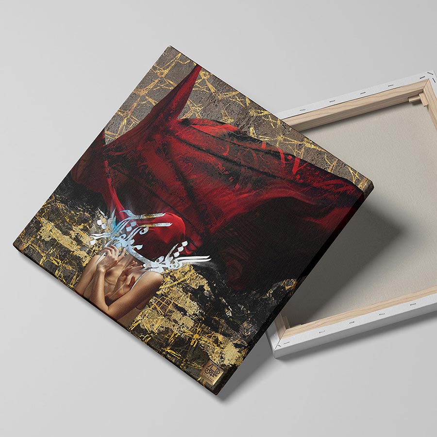 تابلو صورت فیگوراتیو در پس پرده حافظ رقص رهایی در آغوش اصالت اثر گالری چارگوش مدل 2987 رنگ قرمز سه بعدی