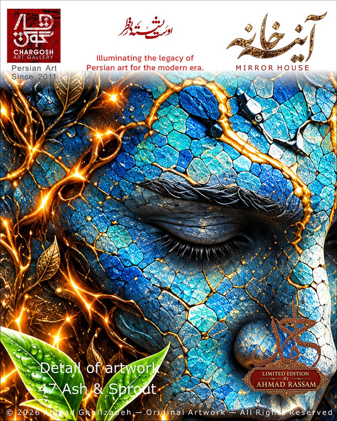 صورت خاکستر جزییات نقاشی مفهومی خاکستر و جوانه (Ash & Sprout)؛ اثر چهل و هفتم عبور از آتش و گلستان از مجموعه آینه خانه