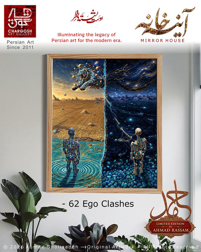 "Ego Clashes" – a collectible conceptual artwork; the 62nd piece, *The Ego Tiger Within Man*, from the *Mirror House* collection.