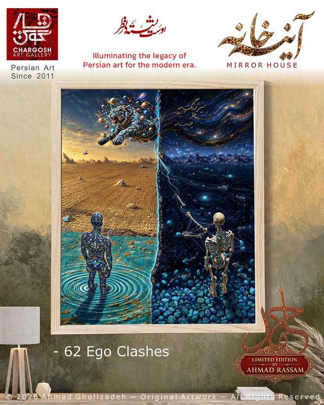 تابلو مفهومی کلکسیونی تعارض اگوها (Ego Clashes)؛ اثر شصت و دوم ببر اگو در میان آدمی از مجموعه آینه خانه