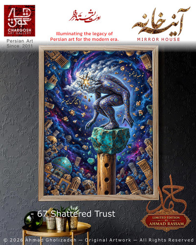 تابلو هنری روانشناختی شکستن مرزها (Shattered Trust)؛ اثر شصت و هفتم قطع نوای دگرگون ساز از مجموعه آینه خانه